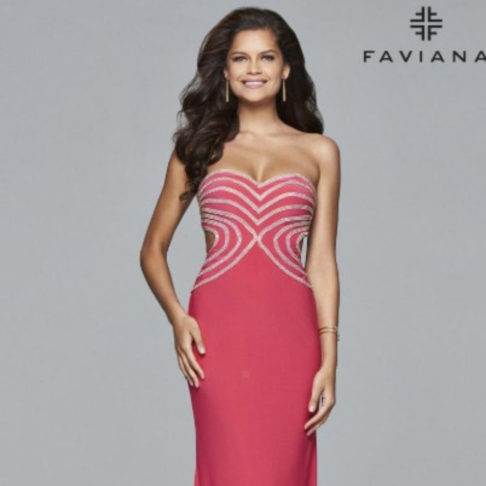 FAVIANA GLAMOUR SIZE 0 LINED PROM DRESS NWT CORAL RHINESTONES LONG XS
